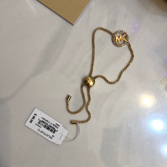 Michael Kors Gold Tone Slider Bracelet Open Frame Circle & MK Logo Crystal NWT - Picture 4 of 16